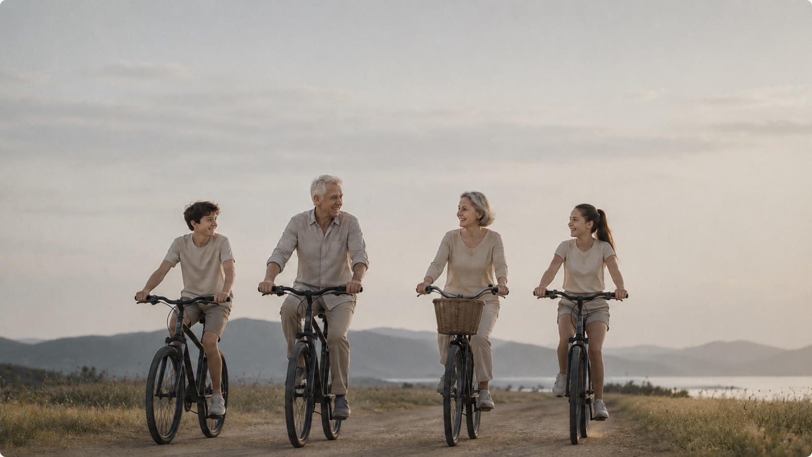 A multigenerational family of four riding bicycles together along a coastal path at dusk.
