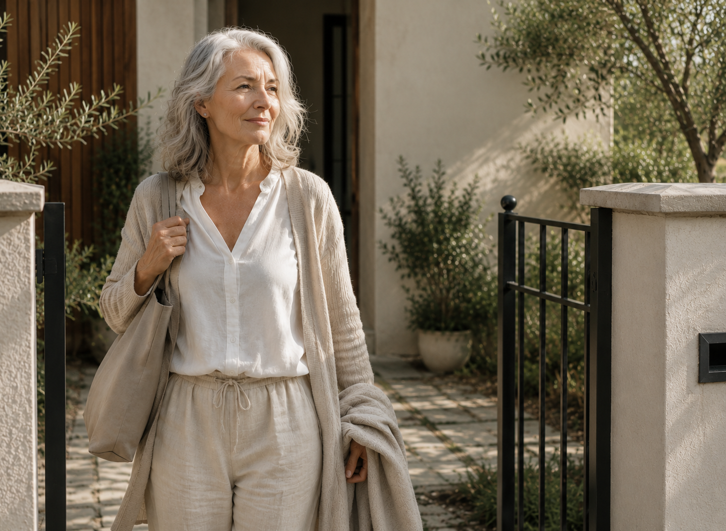 A silver-haired woman in linen clothing walking out through the gate of a sunlit home.