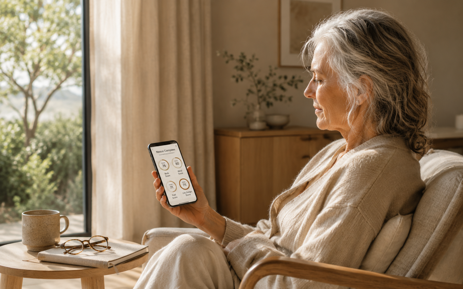 A silver-haired woman seated by a window, viewing her Nexus Compass progress on a phone.