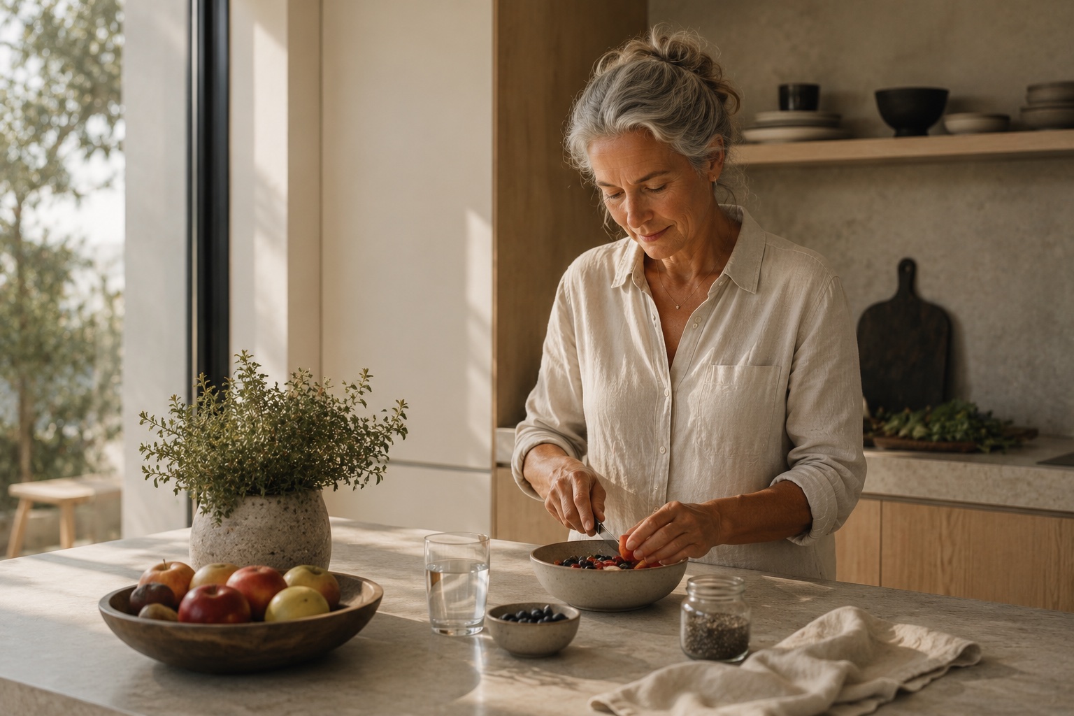 A woman in her fifties preparing a healthy breakfast at a sunlit kitchen counter.