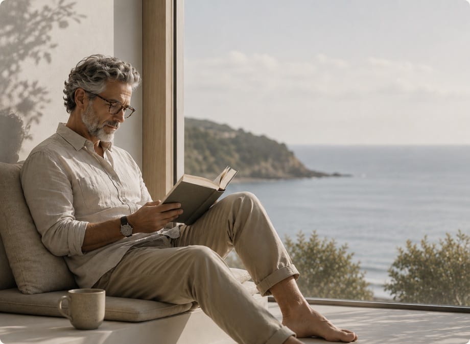 A man in his fifties reading a book by a sunlit window overlooking the sea.