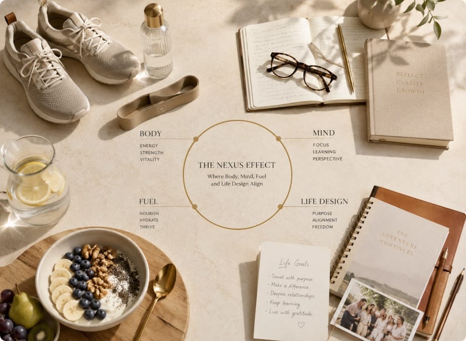 A flat-lay of walking shoes, journals, glasses and a fruit bowl overlaid with the NexusEffect™ diagram aligning Body, Mind, Fuel and Life Design.