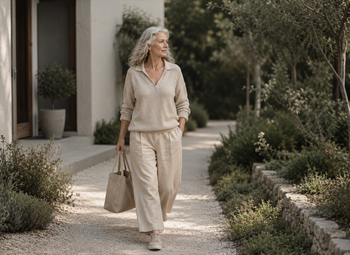 A woman in her fifties walking calmly along a sunlit garden path.